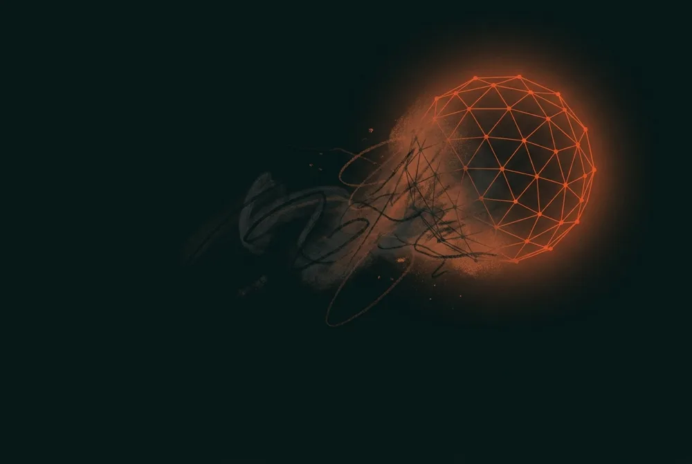 A glowing wireframe sphere dissolving into loose hand-drawn strokes